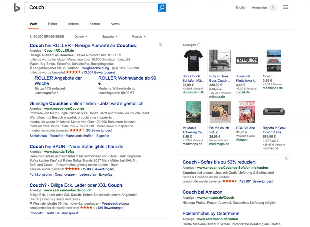 Bing Suche nach Couch