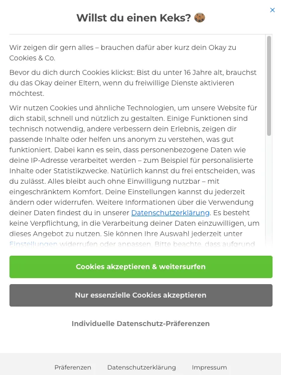 Früheres Cookie-Banner von EOM mit Auswahl nach Kategorien