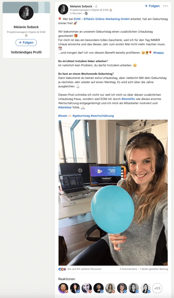 Corporate Influencer Post von Melanie Sobeck für EOM