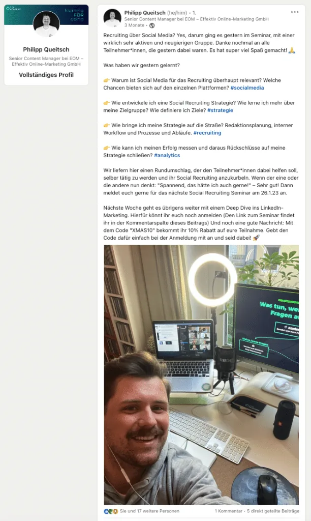 Corporate Influencer LinkedIn Post von Philipp Queitsch für EOM