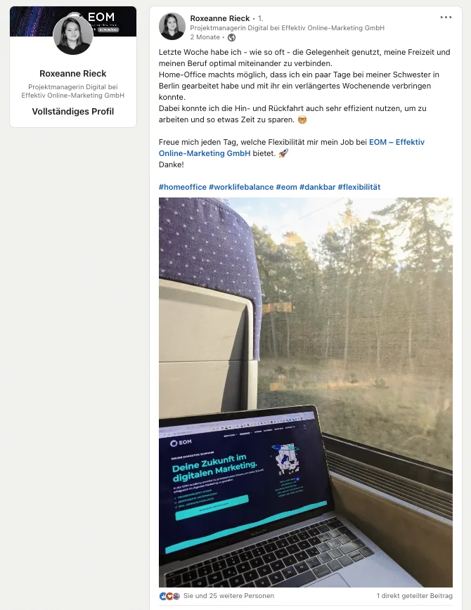 Corporate Influencer LinkedIn Post von Roxeanne Rieck für EOM
