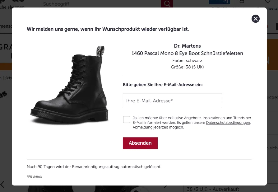 Pop-Up: Produkt nicht mehr auf Lager