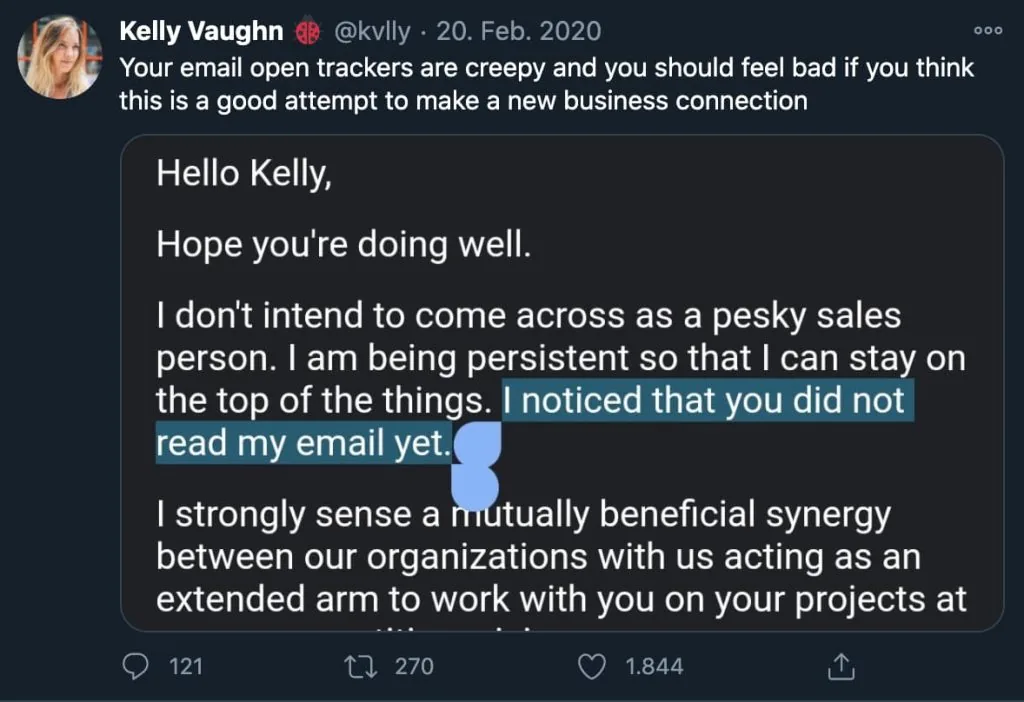 E-Mail-Marketing-Tipps: Twitter-Userin findet es gruselig, auf ihre Öffnungsrate der Mails angesprochen zu werden. 