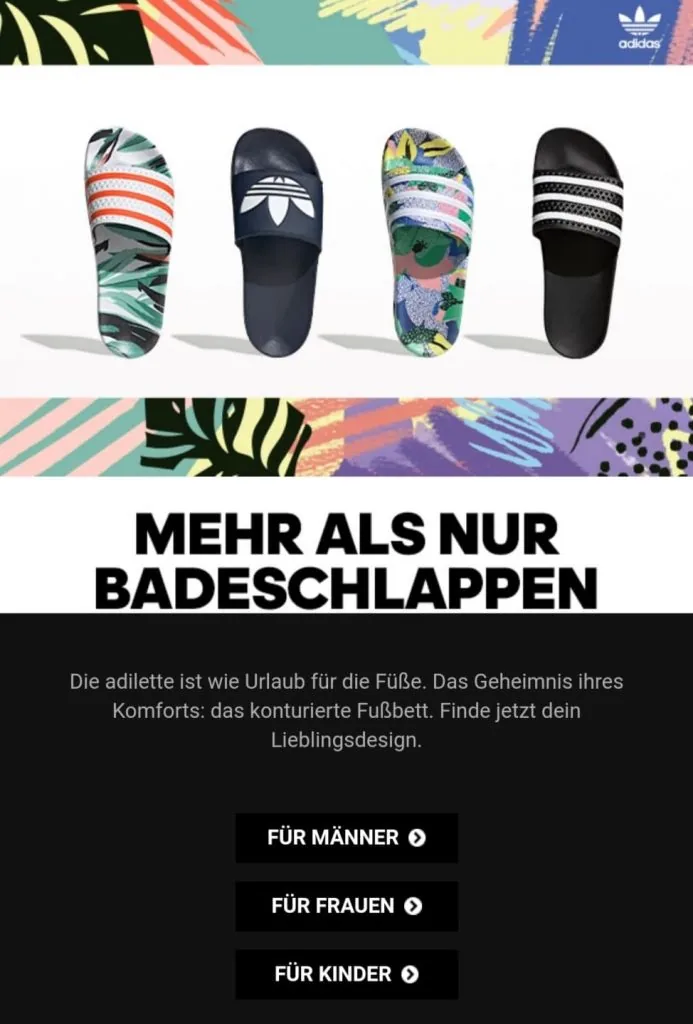 E-Mail-Marketing-Tipps: Adidas verlinkt direkt auf Produktkategorien.