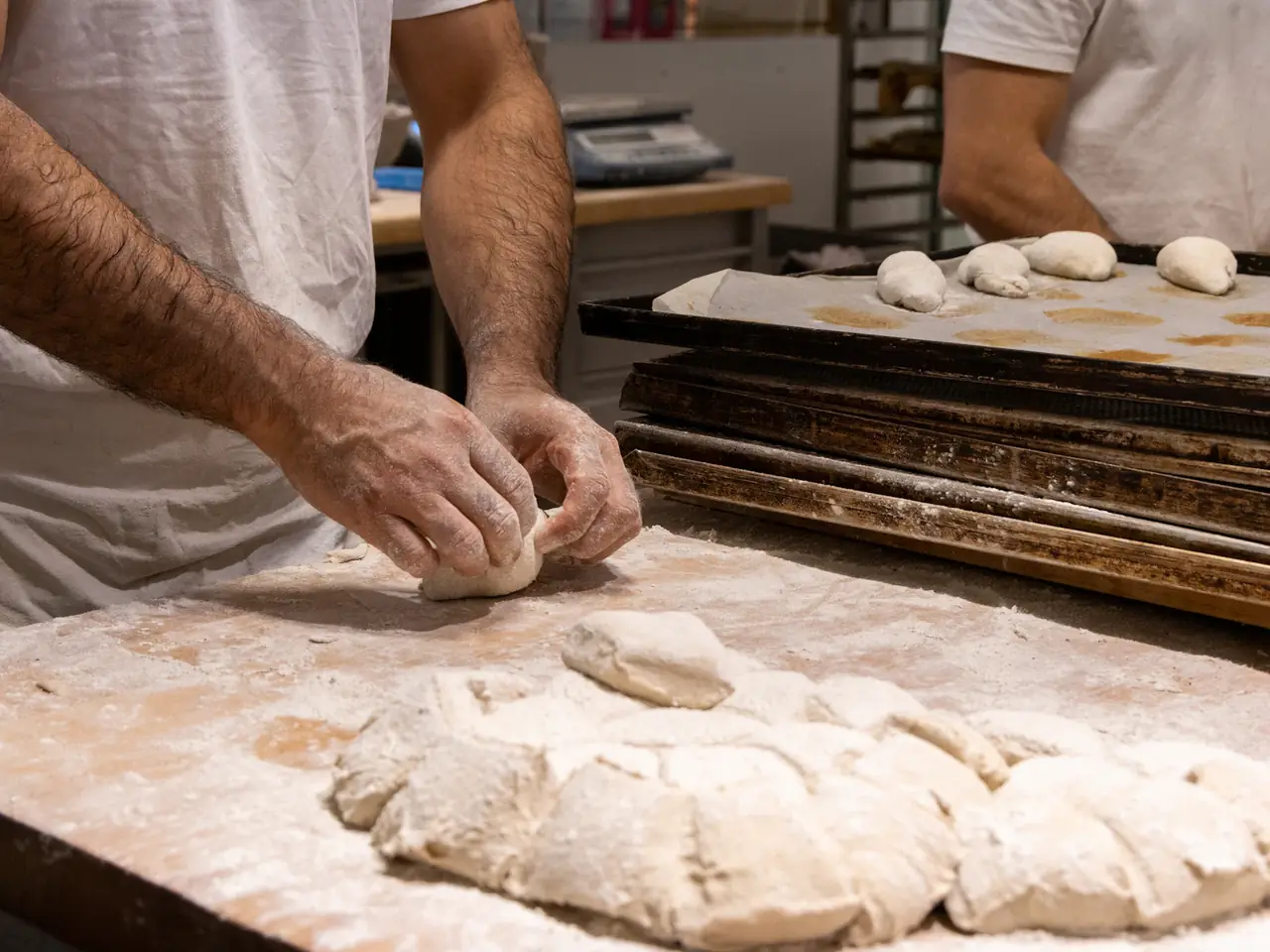 Zwei Bäcker formen in einer hellen Backstube Teiglinge auf einem bemehlten Holztisch, daneben liegen Bleche mit geformten Brötchen