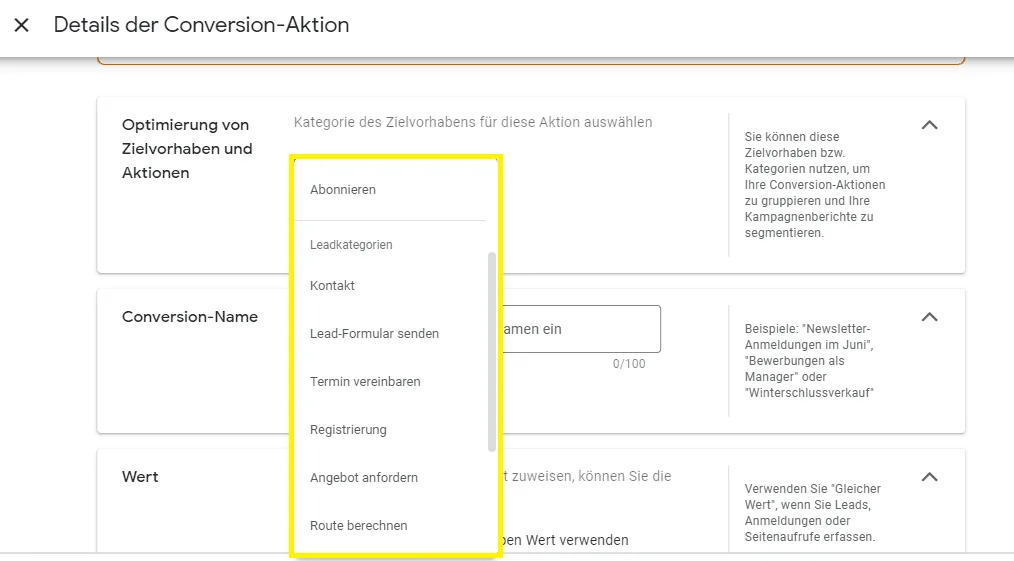 Google Ads Conversion Tracking Kategorien