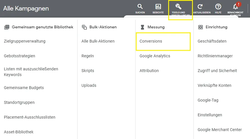 Google Ads Conversion Tracking Menü