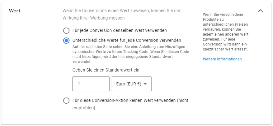 Google Ads Conversion Tracking Werte