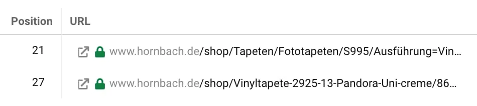 Keyword-Kannibalismus: Sistrix zeigt zwei URLs von Hornbach an, die beide nur schlecht für dasselbe Keyword (Vinyltapete) ranken.