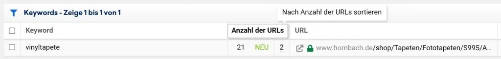 Keyword-Kannibalismus: Sistrix zeigt in der Spalte „Anzahl der URLs“ an, wie viele URLs auf das jeweilige Keyword ranken.