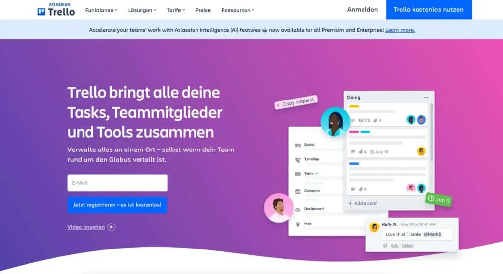 Landingpage von Trello als Beispiel für Leadgenerierung