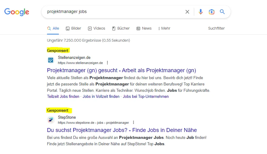 Google Ads Recruiting Beispielsuchanfrage