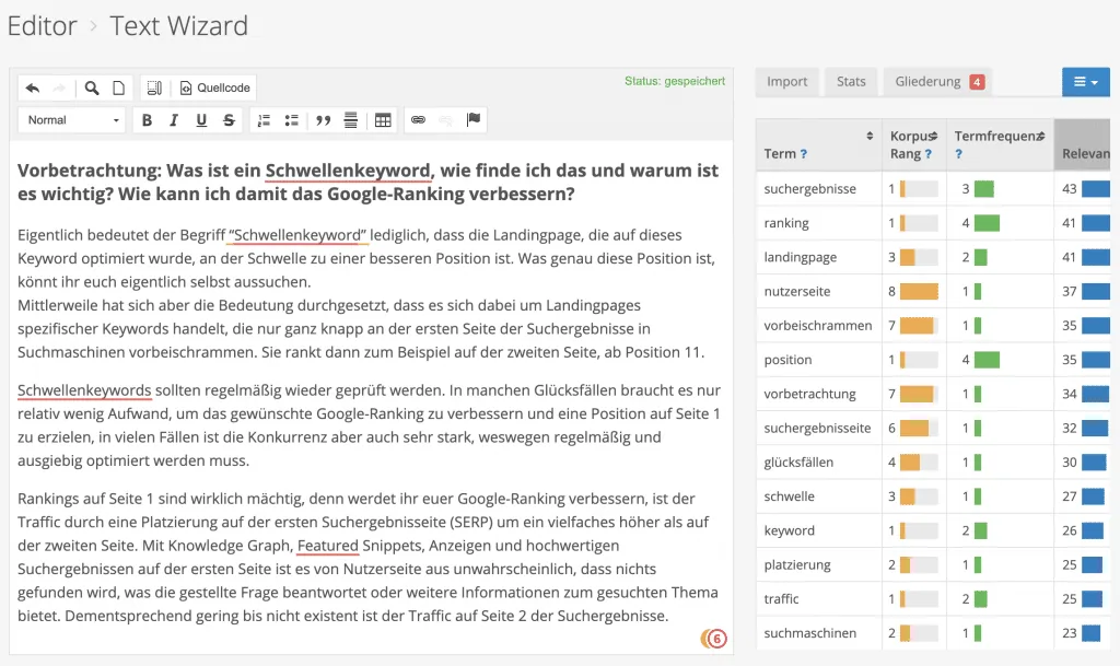 schwellenkeyword optimierung google ranking verbessern tfidf