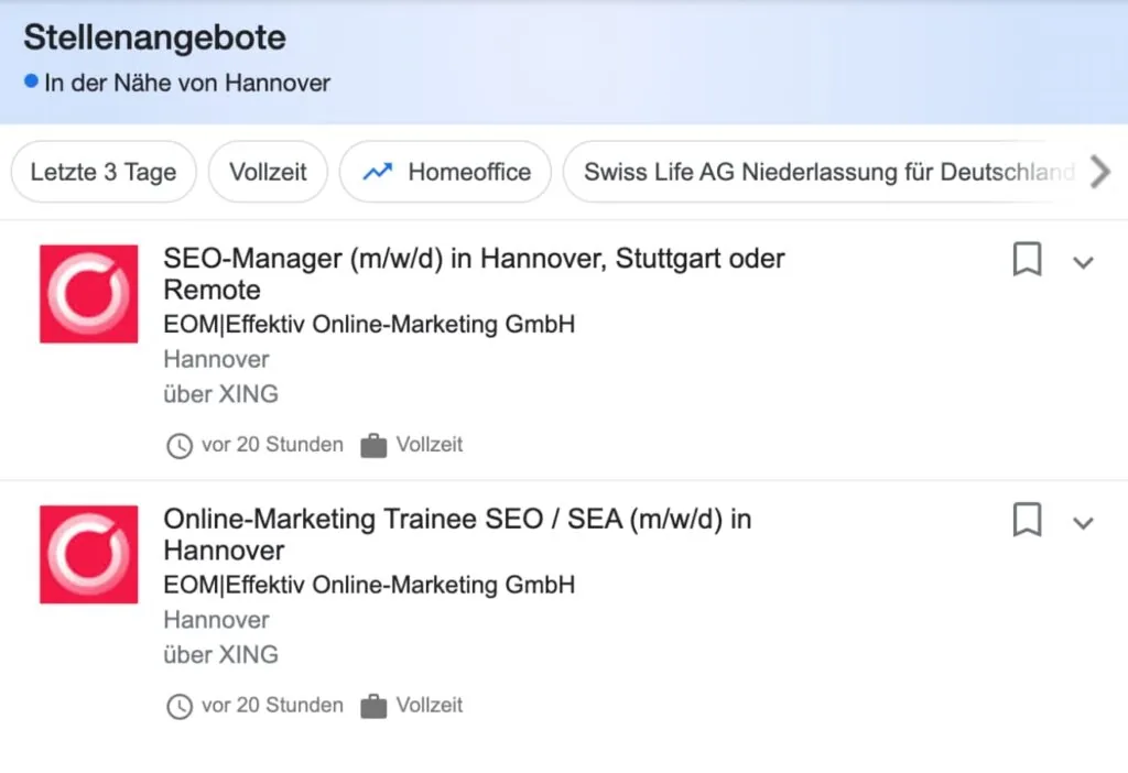 SEO im Recruiting: Stellenanzeigen von EOM in der Übersicht bei Google for Jobs