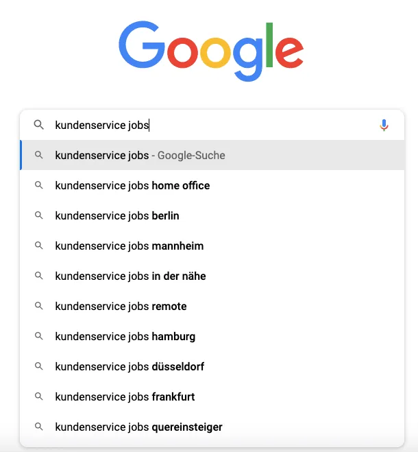 SEO im Recruiting: Vorschläge aus Google Suggest zu „Kundenservice Jobs“