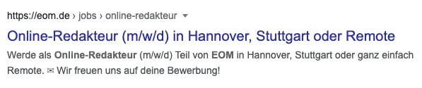 SEO im Recruiting: Seitentitel am Beispiel eines Stellenangebots als Online-Redakteur (m/w/d) bei EOM