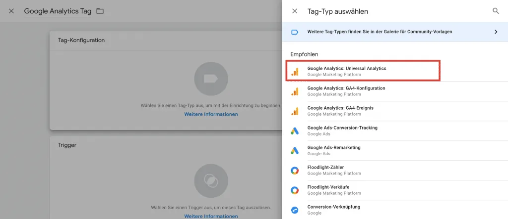 Google Analytics Implementierung Google Analytics: Universal Analytics als Tag-Typ