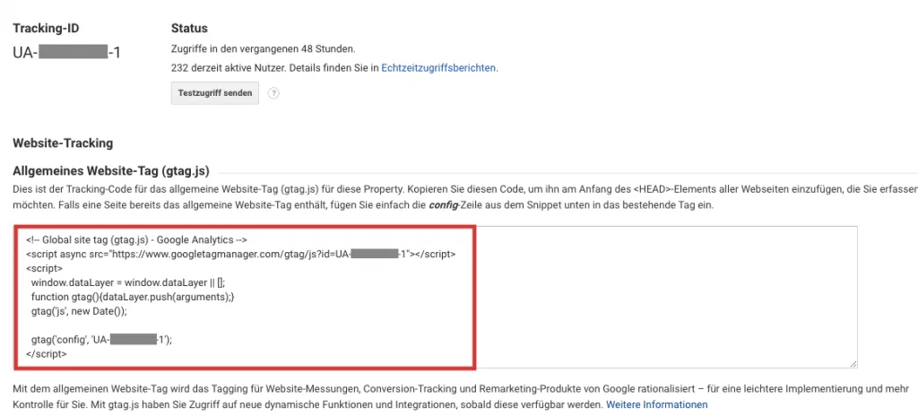 Google Analytics Implementierung Tracking-Code-Snippet aus Google Analytics