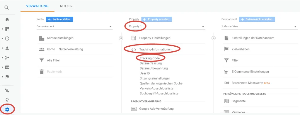 Google Analytics Implementierung Pfad der Tracking ID in Google Analytics