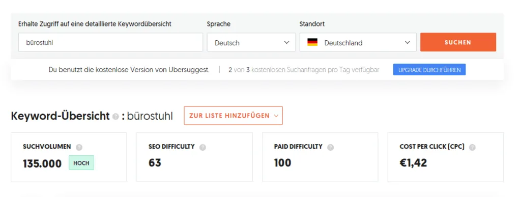 Keyword-Recherche fuer SEO auf Ubersuggest